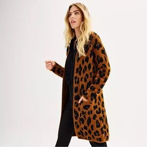 Nine West Women’s Clean Collar Coatigan Sweater Duster Trench Brown Cheetah XS